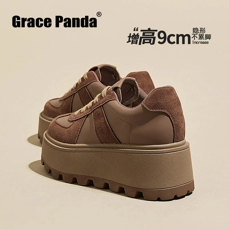香港GP2025新款秋季复古板鞋小个子女鞋内增高9真皮厚底德训鞋