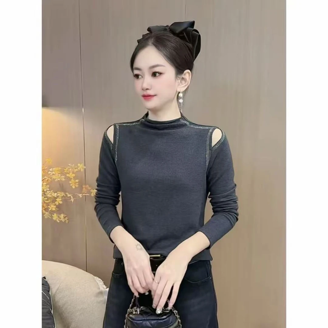 秋季新款女士上衣重工烫钻双肩镂空半高领打底纯色百搭小衫T恤