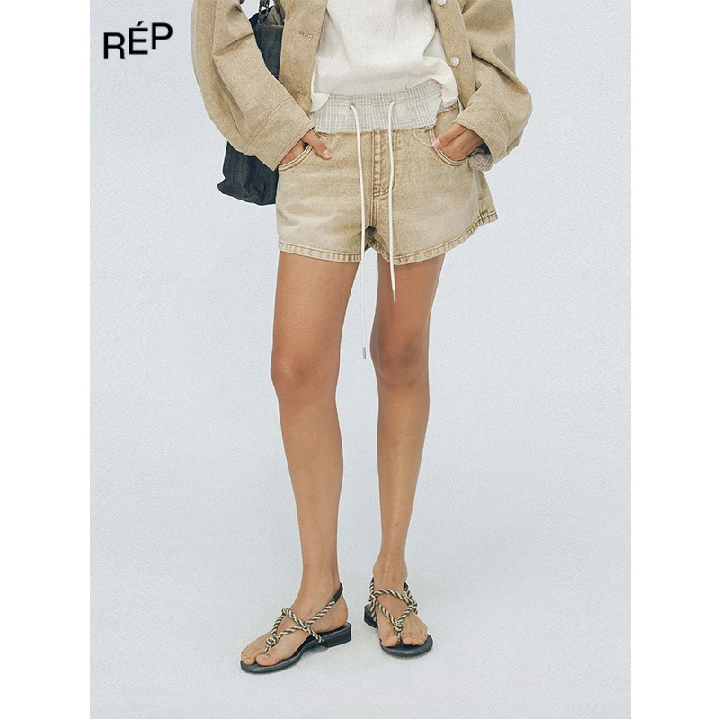 REP-JUNWEILIN设计师品牌黑条格纹拼接卡其咖抽绳短裤 25SS新款