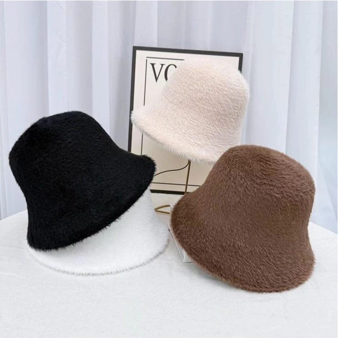 秋冬新款羊羔毛渔夫帽女素颜时尚气质显脸小水桶帽纯色保暖盆帽子