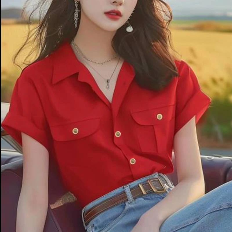 韩系chic简约超好看红色翻领短袖衬衫女夏季款独特气质轻熟风上衣