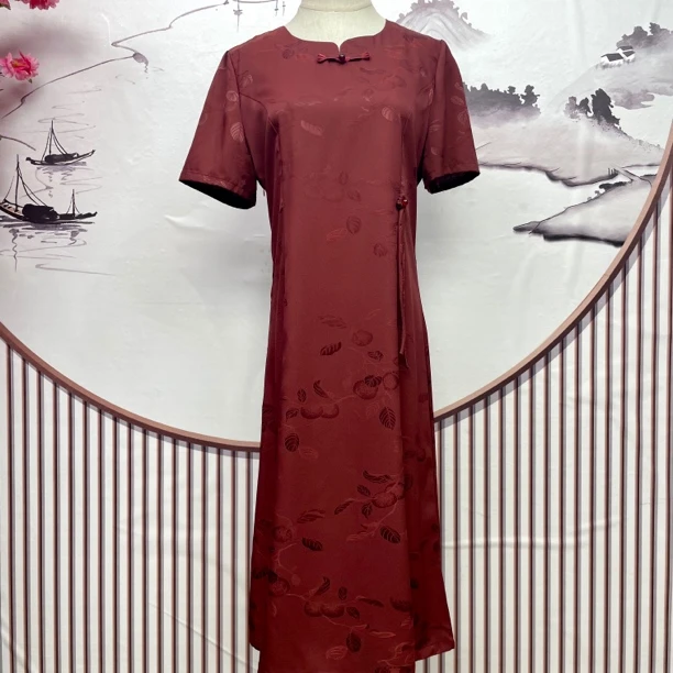 中式高腰拉链长裙常规短袖夏季复古连衣裙礼服红色时尚网红气质