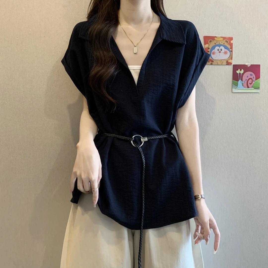假两件藏蓝色V领正肩短袖衬衫女2025夏季新款大码微胖mm收腰上衣