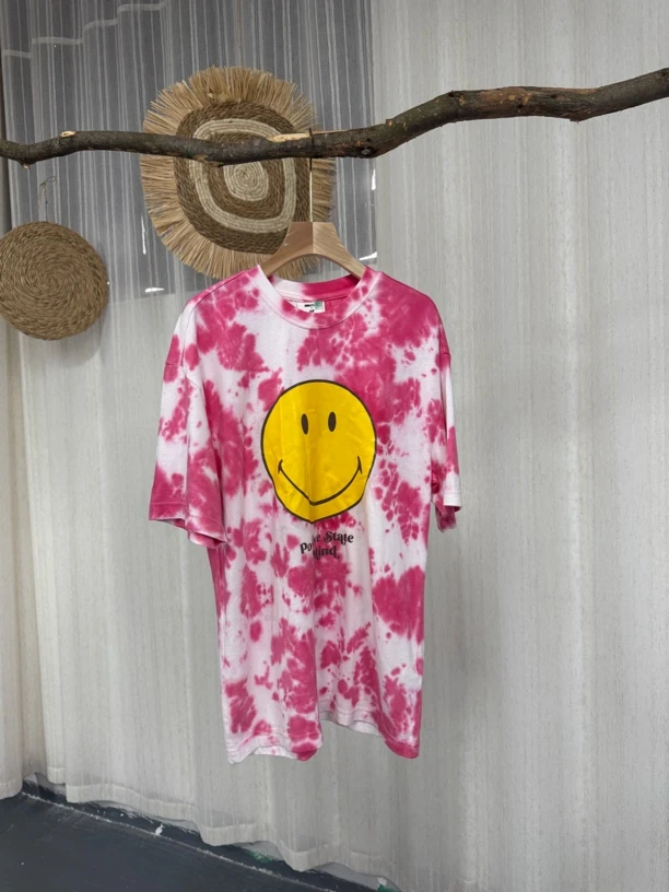 百棉粉色扎染休闲男女同款大版宽松时尚笑脸T