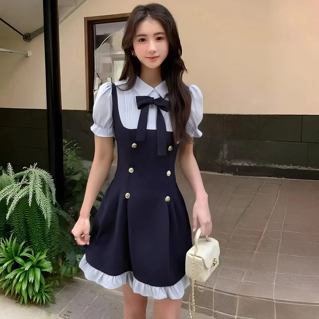 B2025夏季甜美减龄学院风假两件泡泡袖背带收腰显瘦连衣裙D2772