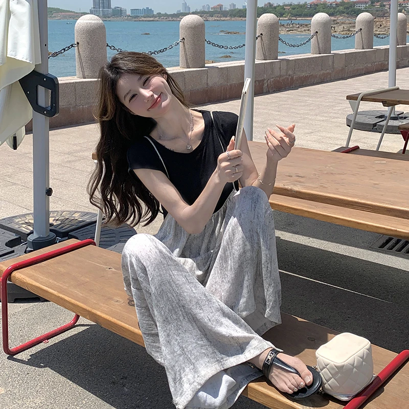 夏季时尚气质套装高腰中长款显瘦吊带法式休闲宽松韩版高级两件套