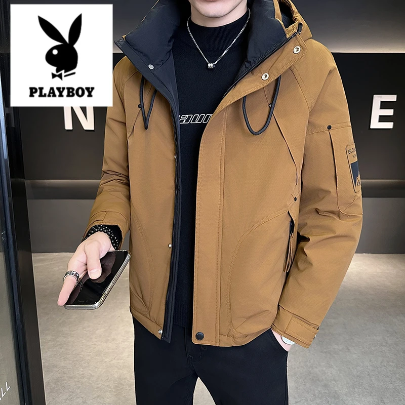 花花公子男士羽绒服户外冬季加厚夹克新款潮牌休闲连帽工装外套