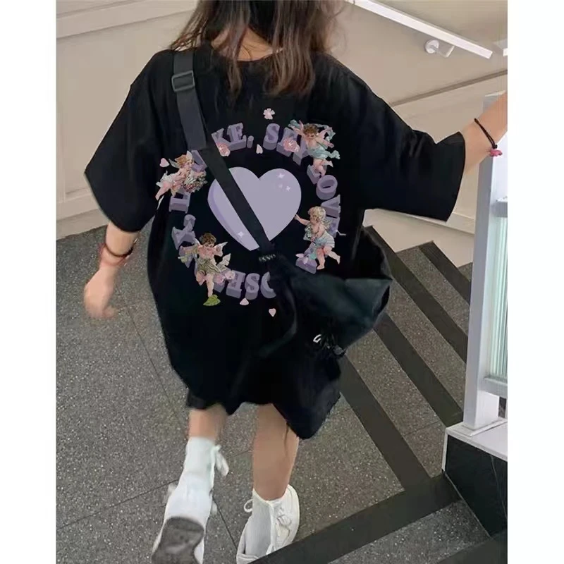 【220克纯棉】设计感夏季韩版T恤上衣女字母印花短袖女宽松日系bf