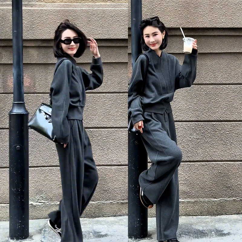 春秋季新款时尚减龄洋气休闲长袖拉链收腰卫衣女显瘦阔腿裤两件套