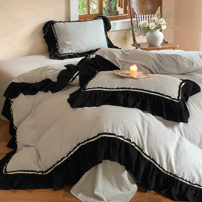 皇后娘娘  法式复古全棉色织双层纱床品四件套公主风纯棉床单被套