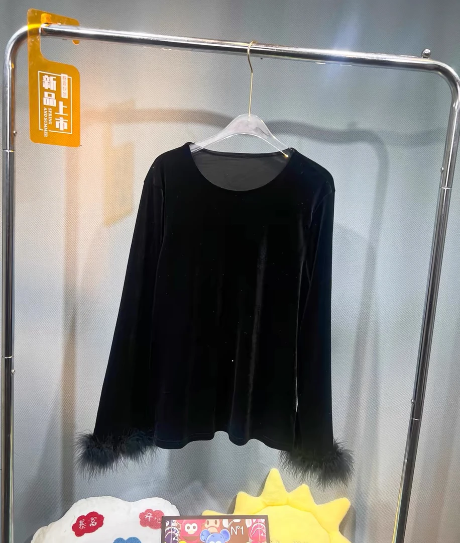 98095春秋新款国风新中式高端圆领鸵鸟毛拼接宽松百搭丝绒打底衫