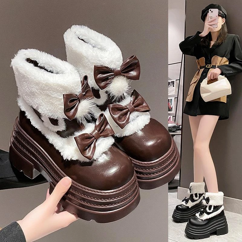 三福甜酷软妹可爱蝴蝶结白色毛毛加绒保暖棉鞋冬季新款增高短靴雪