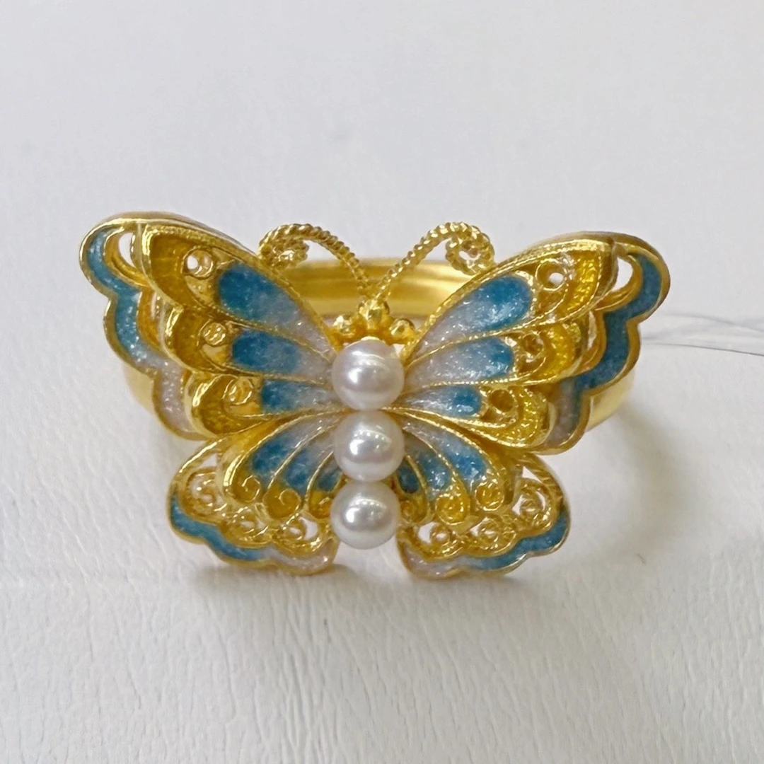 足金999 珐琅蝴蝶活口黄金戒指