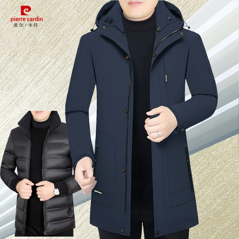 皮尔卡丹中长款羽绒服男冬季加厚鸭绒外套可拆卸内胆中年男装商务