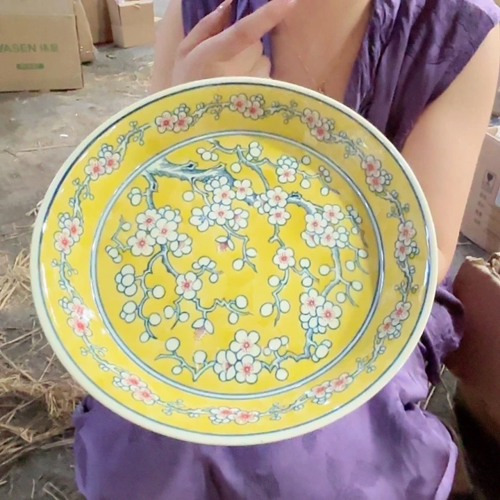 摆件景德镇高温陶瓷黄底红梅壶承