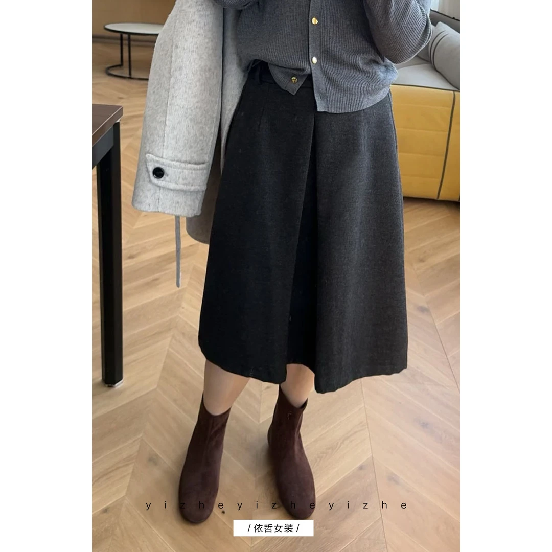 “”开叉半身裙“”秋冬厚款毛呢半身裙显瘦时尚