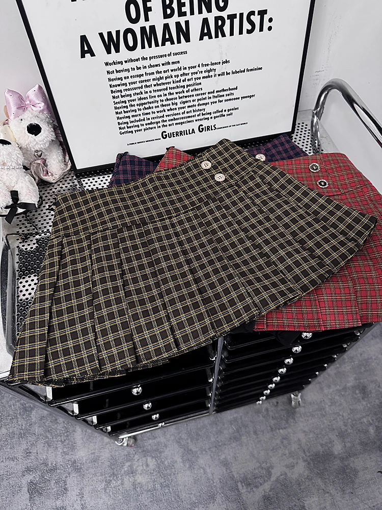 元气少女复古格纹百褶裙女春夏学院风辣妹美式格子短裙超短半身裙