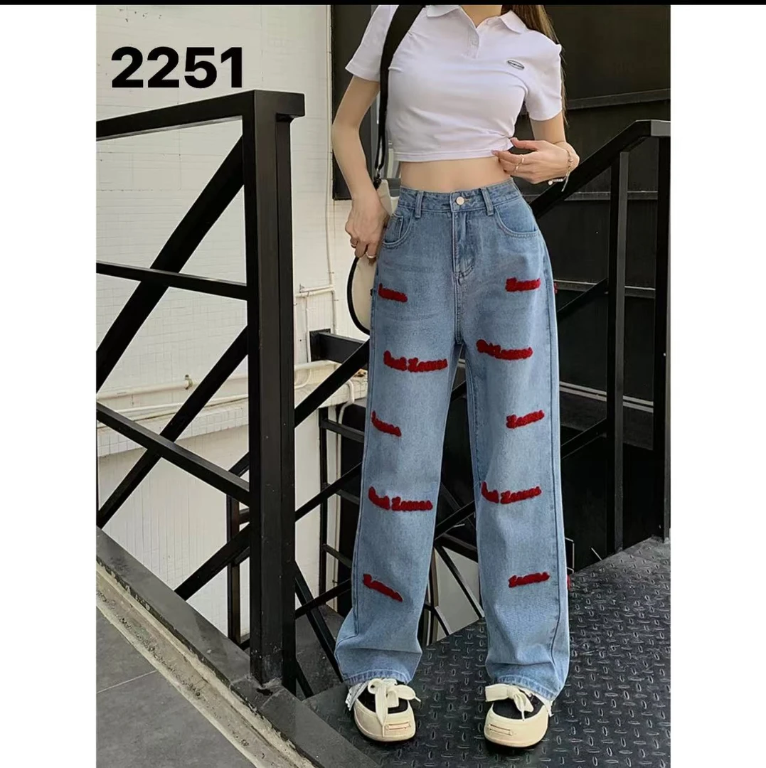 阔腿裤刺绣ins风薄款无弹牛仔裤复古小众夏季长裤