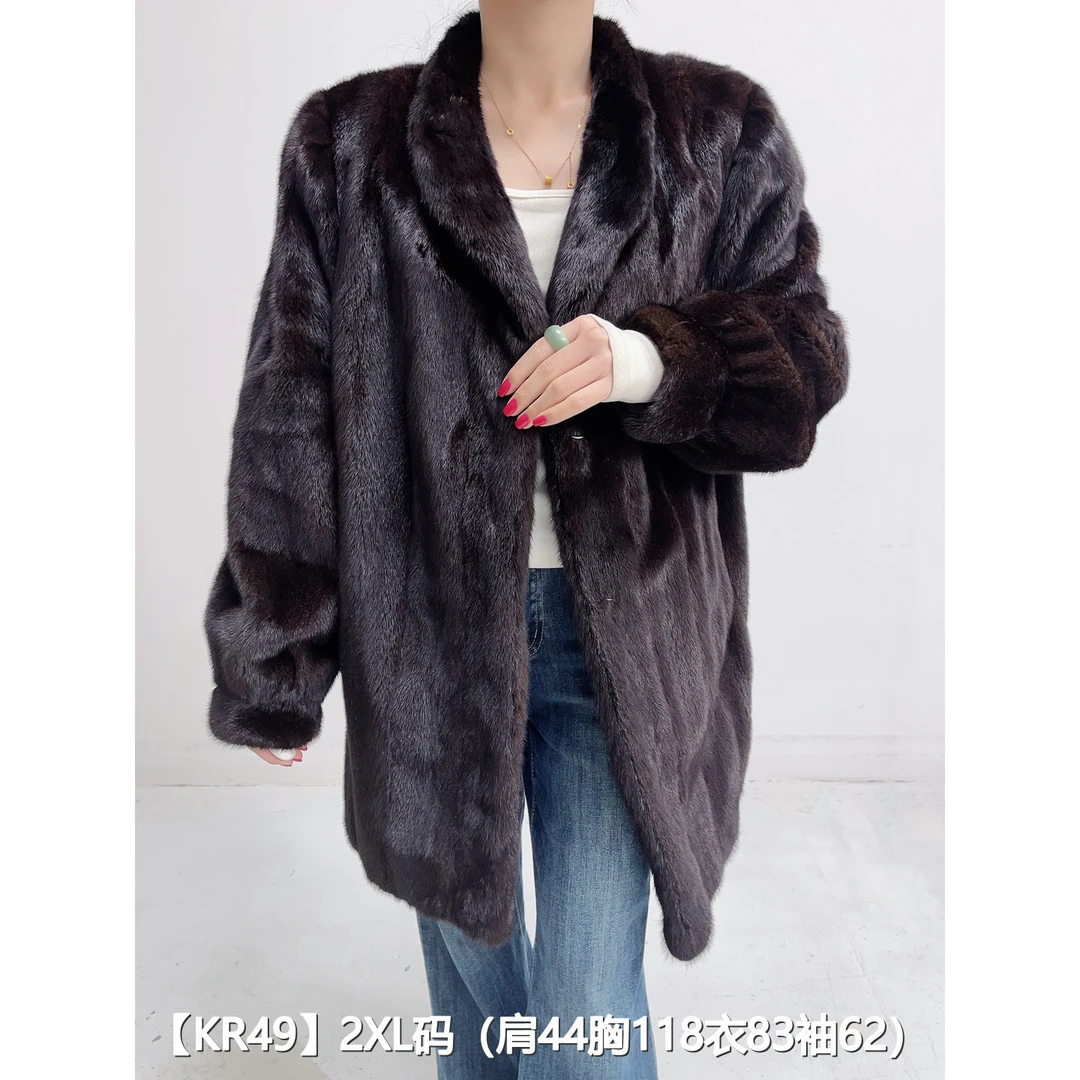 【KR49】2XL 棕黑色中长款宝嘉美貂皮大衣女 翻领泡泡袖 40049