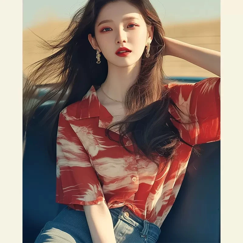 洋气衣服女法式小众设计感上衣独特别致绝美雪纺红色印花短袖防晒