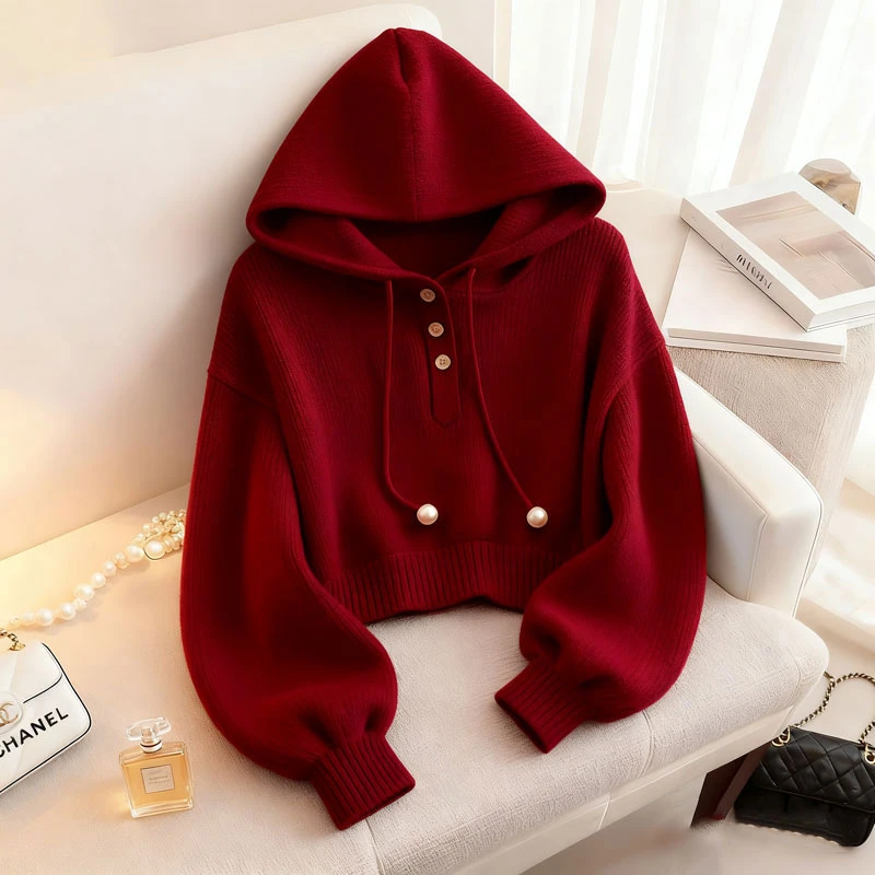 小众别致红色连帽抽绳针织卫衣秋季韩系慵懒风时尚洋气舒适打底衫