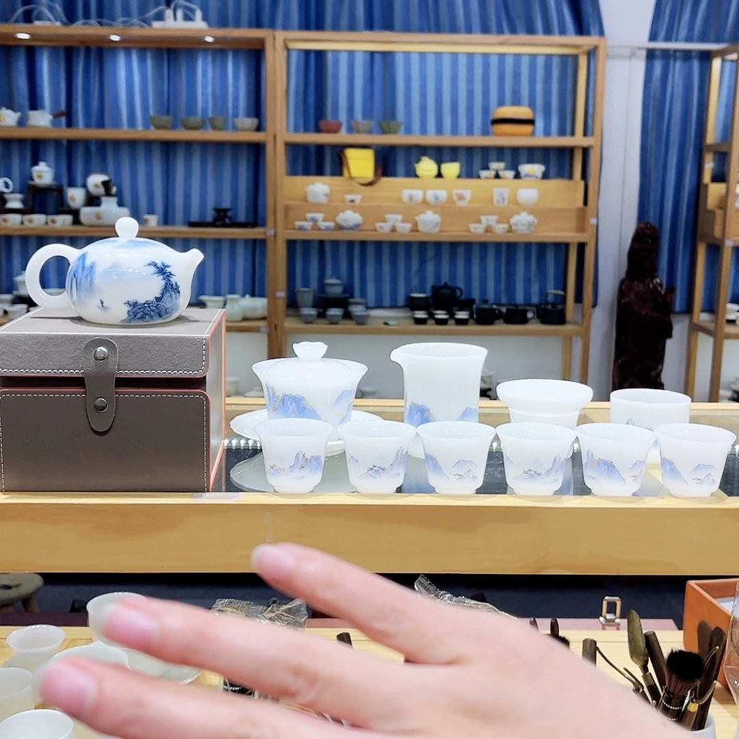 陶瓷冰种璞玉套装蓝色山水工厂➕郭老师的壶手绘