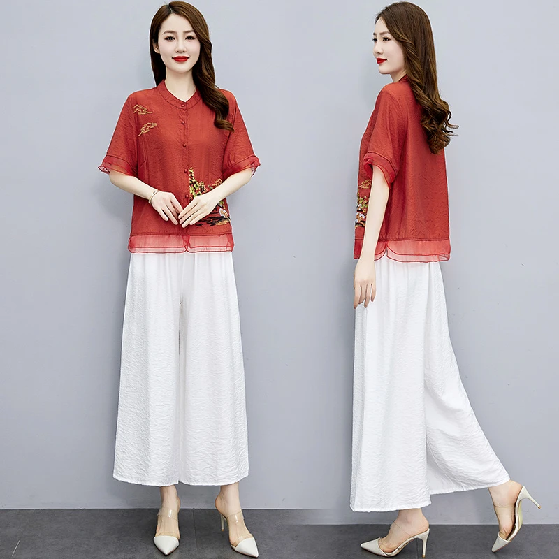 夏季新款时尚优雅气质天丝两件套 修身显瘦阔腿裤套装