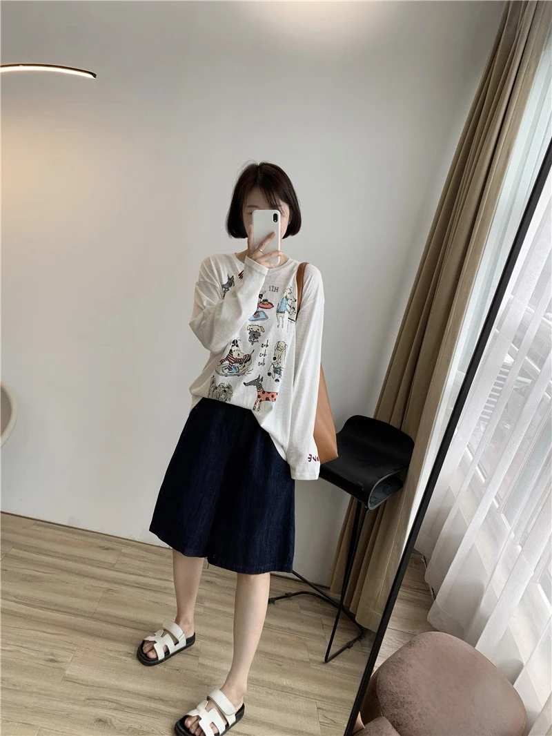 “趣味狗”简约重工印花减龄休闲慵懒宽松防晒衫长袖T恤上衣女