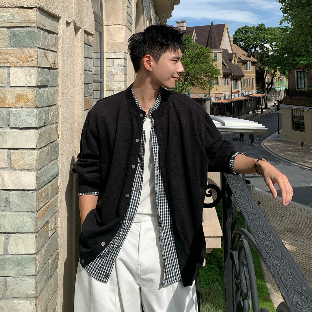 Holocene美式潮牌千鸟格重磅假两件针织衫外套男休闲开衫毛衣m053