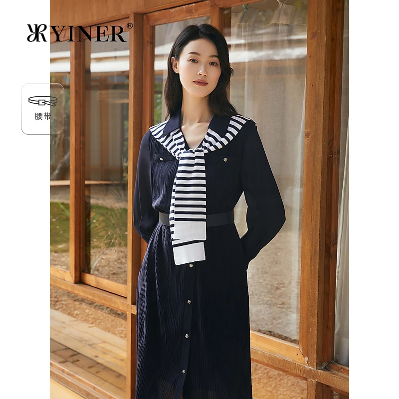 YINER音儿专选2025春季新款经典法式海鸥领水纹压褶雪纺连衣裙