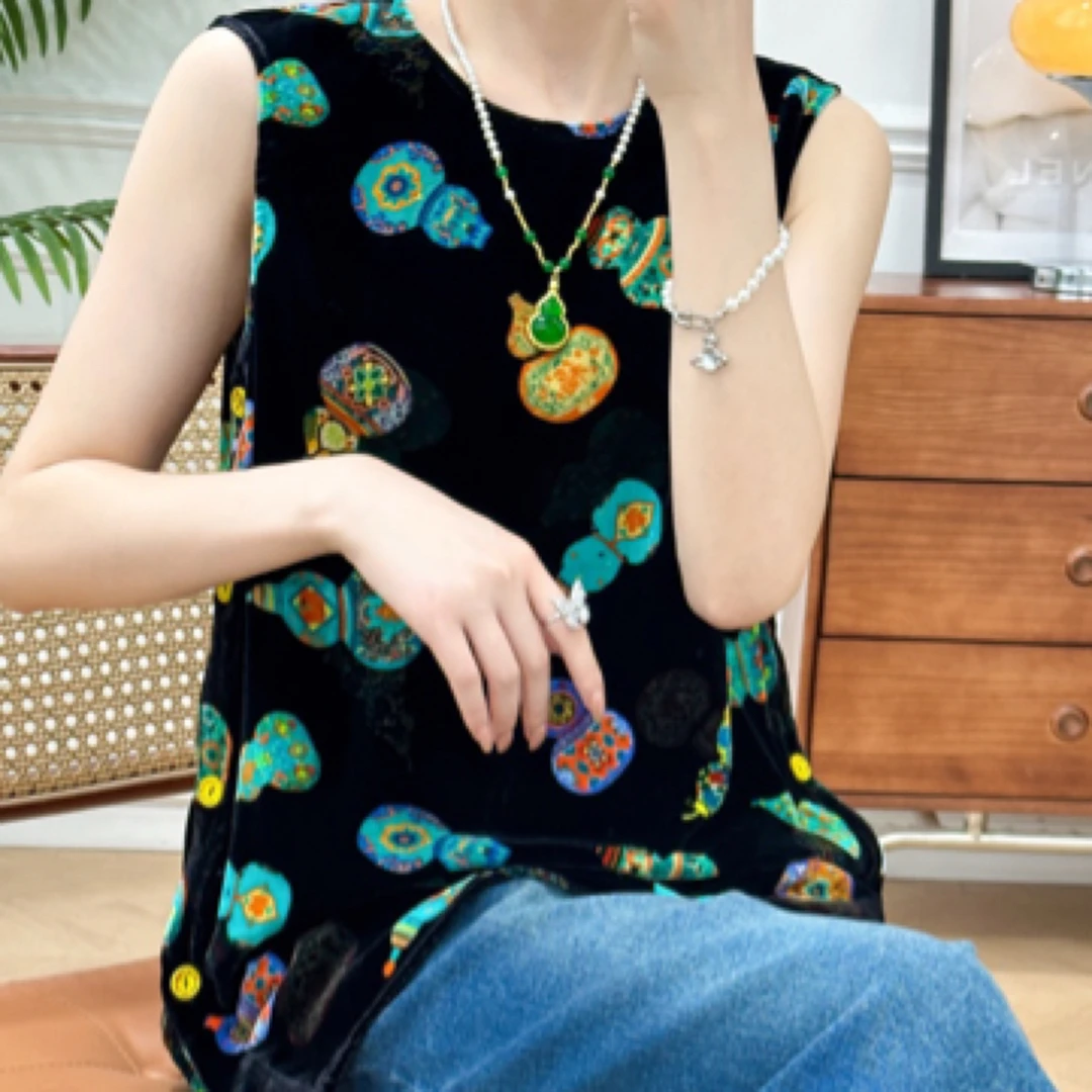 真丝丝绒葫芦印花中式老钱上衣