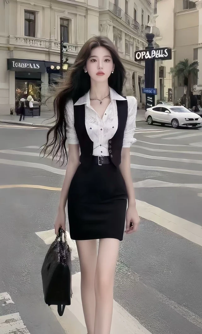 新款时尚拼接假两件不规则设计上衣+百搭包臀高腰半身裙黑色套装