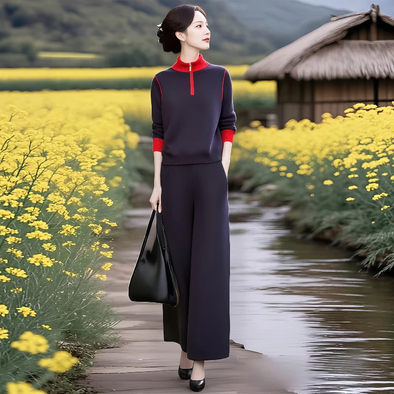 2025春秋新款设计感撞色拼接立领上衣女气质松紧腰直筒休闲裤套装