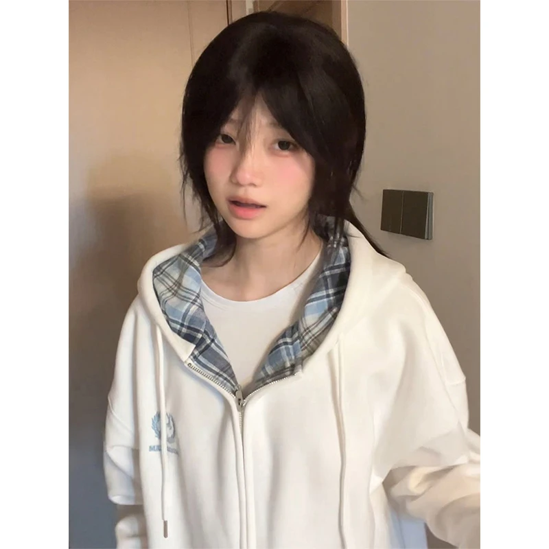 潮牌高街格纹拼接连帽开衫卫衣女秋冬季美式复古加绒加厚宽松外套