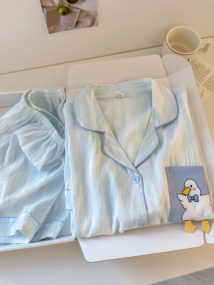 带胸垫云朵棉睡衣女套装夏季短袖薄款开衫卡通可爱可外穿家居服