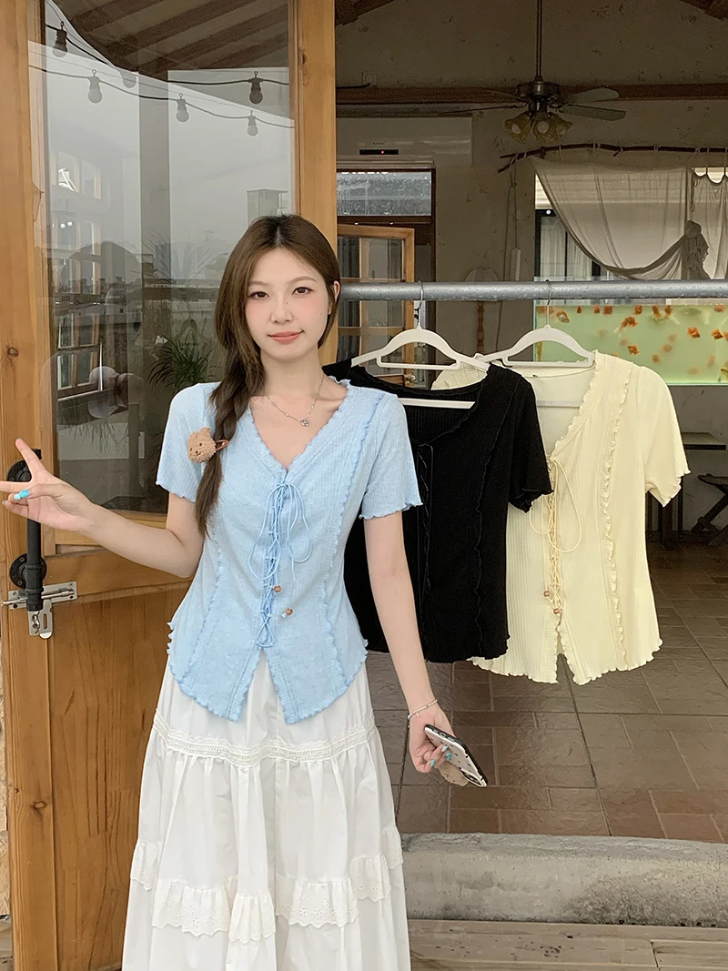 【运费补贴】胖mm大码女韩版时尚设计感木耳边绑带短袖T恤A1423