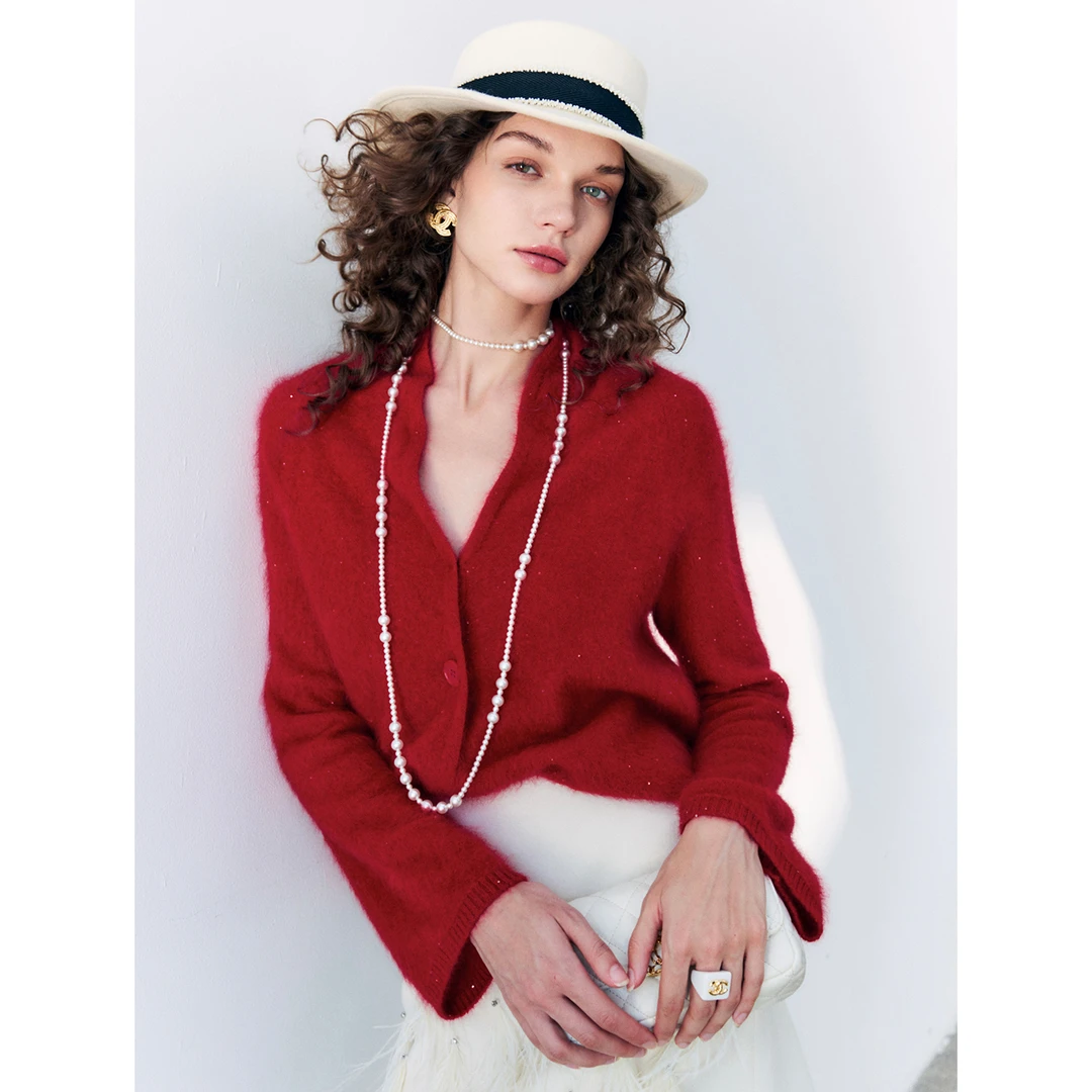 玖着“幸运星”甄选100罕山白山羊绒拉绒糯绒璀璨亮片V领针织开衫