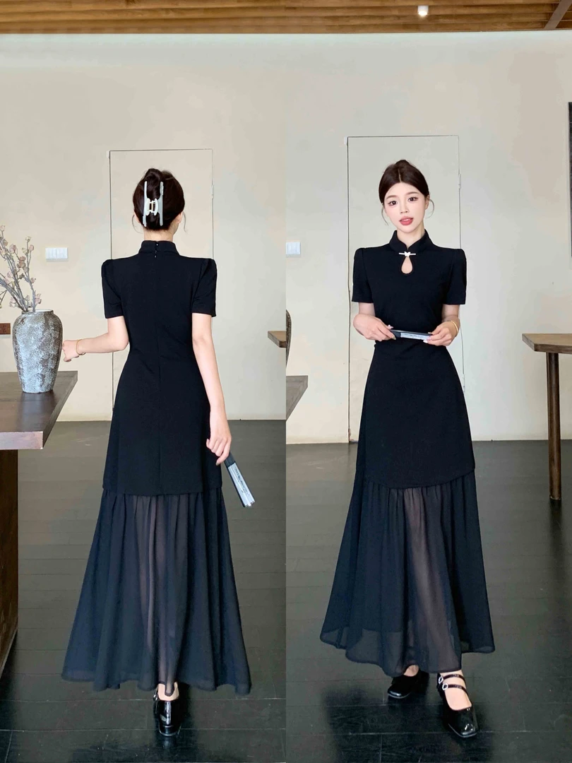 MO88ZSPF大码夏季新中式国风旗袍裙气质显瘦网纱裙摆拼接连衣裙