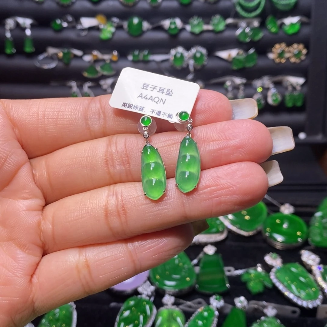 翡翠耳饰18K金镶嵌蔷***衣福豆耳坠