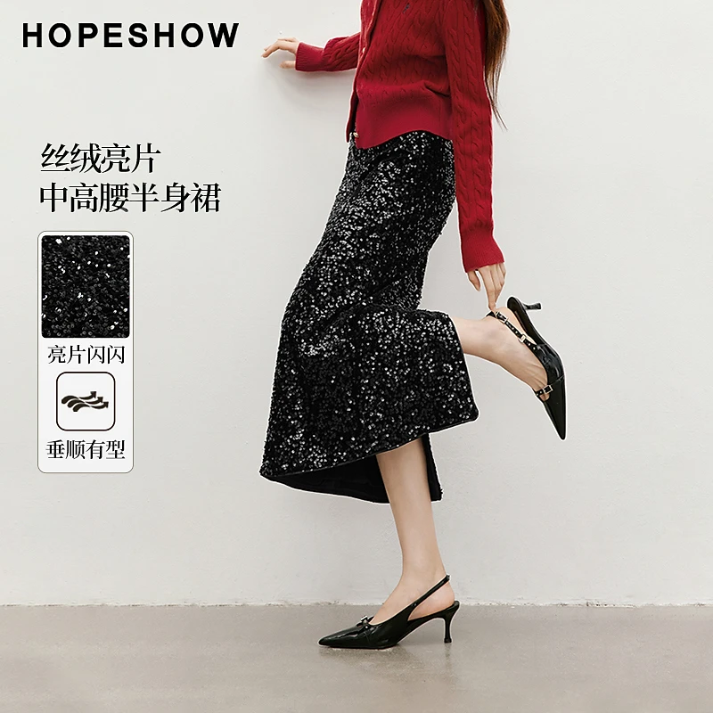 红袖2025秋季女装 肌理感侧拉后开叉中高腰亮片半身裙90125061506