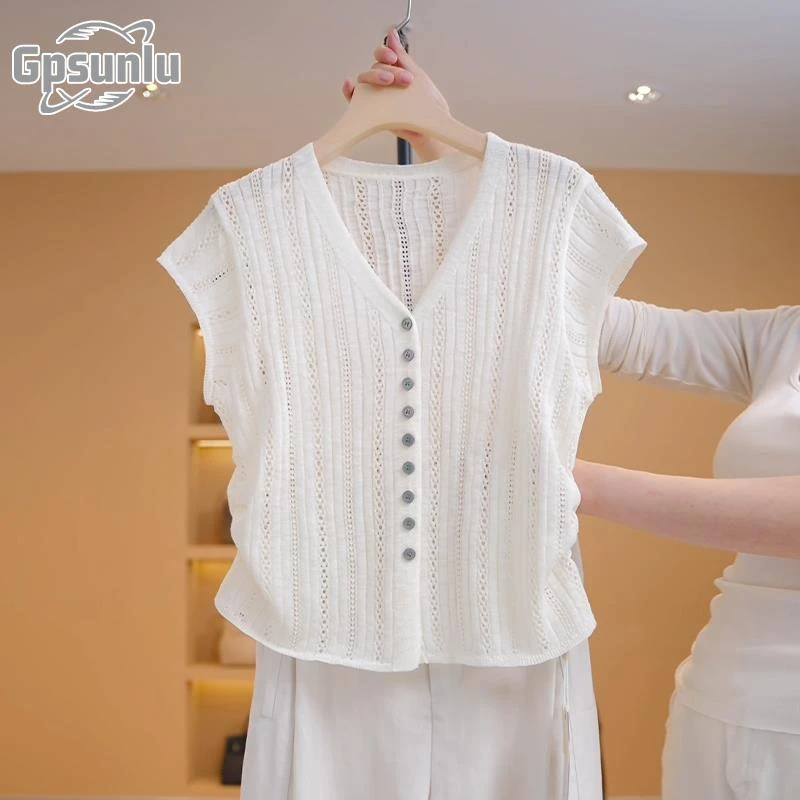 gpsunlu高级感镂空短袖女夏新款薄款飞飞袖气质小衫时尚休闲上衣