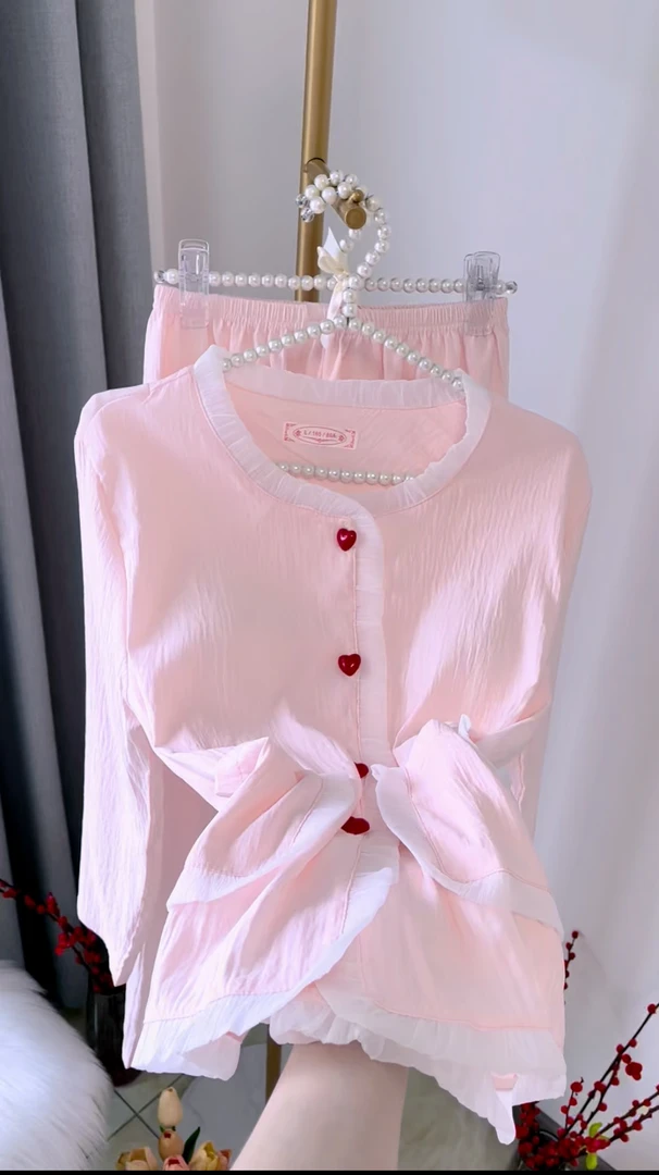 9211 带胸垫睡衣女薄款云朵棉开衫长袖韩版小香风少女家居服套装