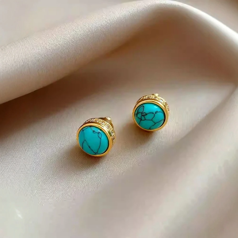 铜合金耳饰 爆款中古锆石耳钉圆形小巧简约款古法时尚黄金色耳饰