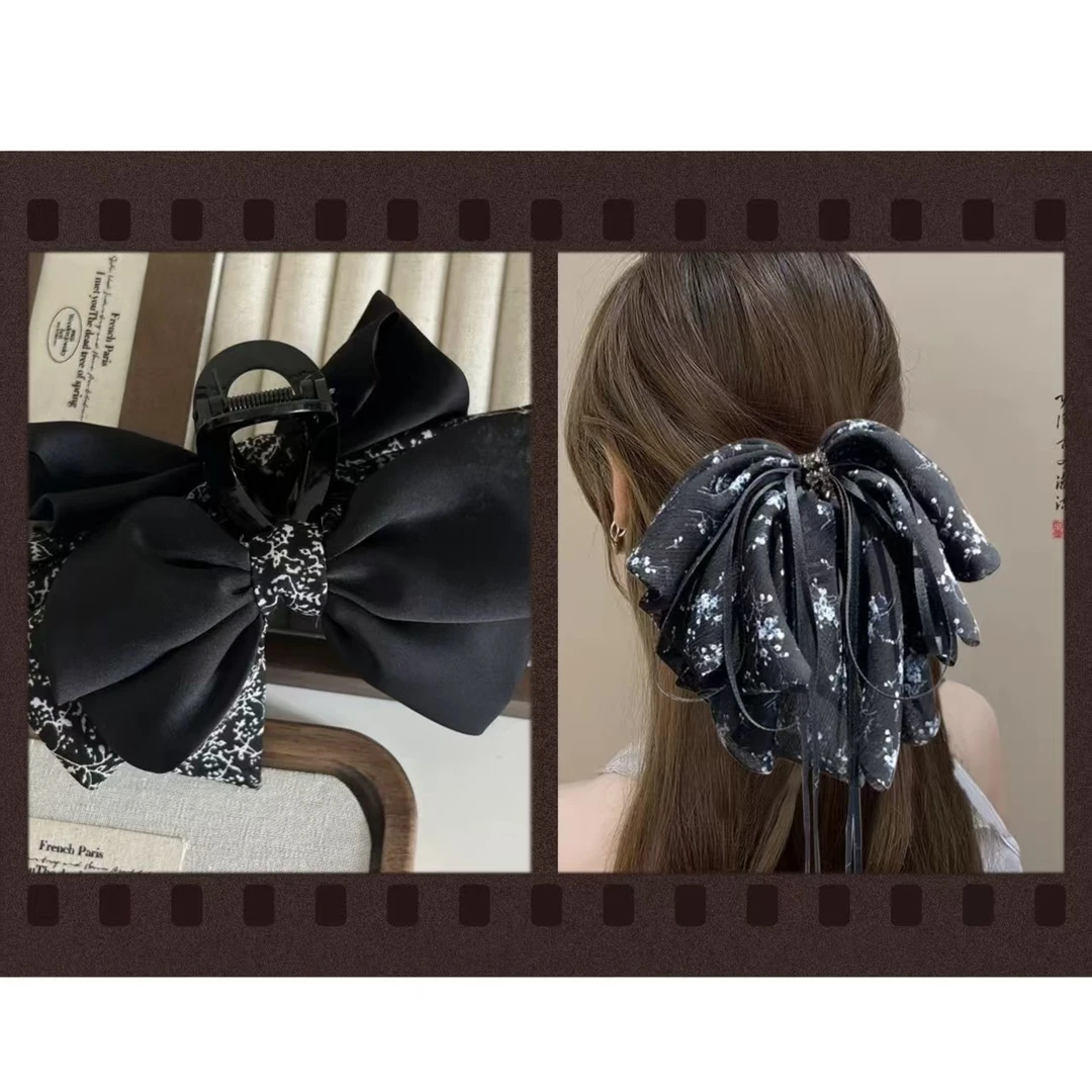 两个装碎花缎面拼接蝴蝶结法式优雅气质鲨鱼夹发抓新款2342+2195