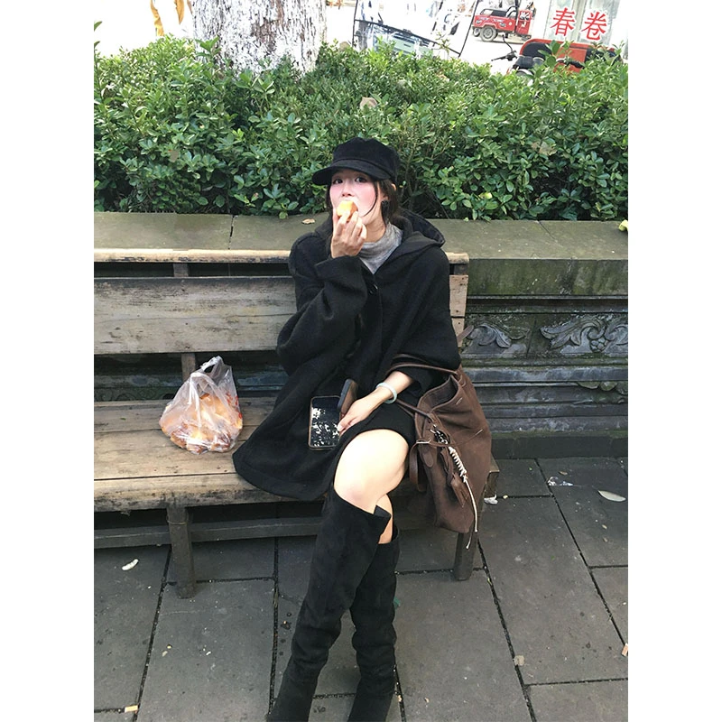 外套女秋冬2025新款时尚休闲风黑色连帽宽松气质韩版显瘦长袖上衣