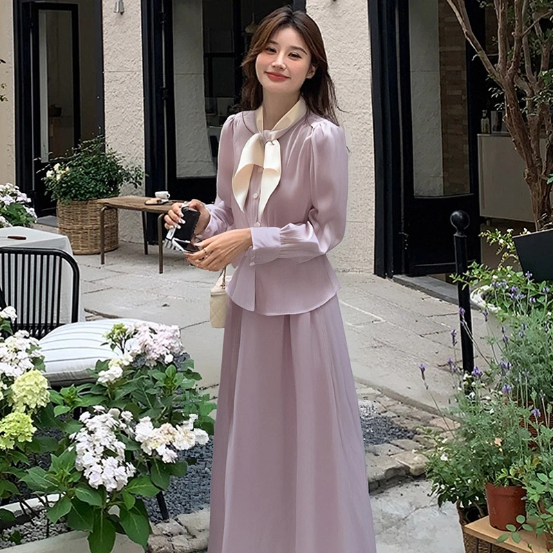 【有里布】2025新款春季法式蝴蝶结假两件衬衫连衣裙D0341