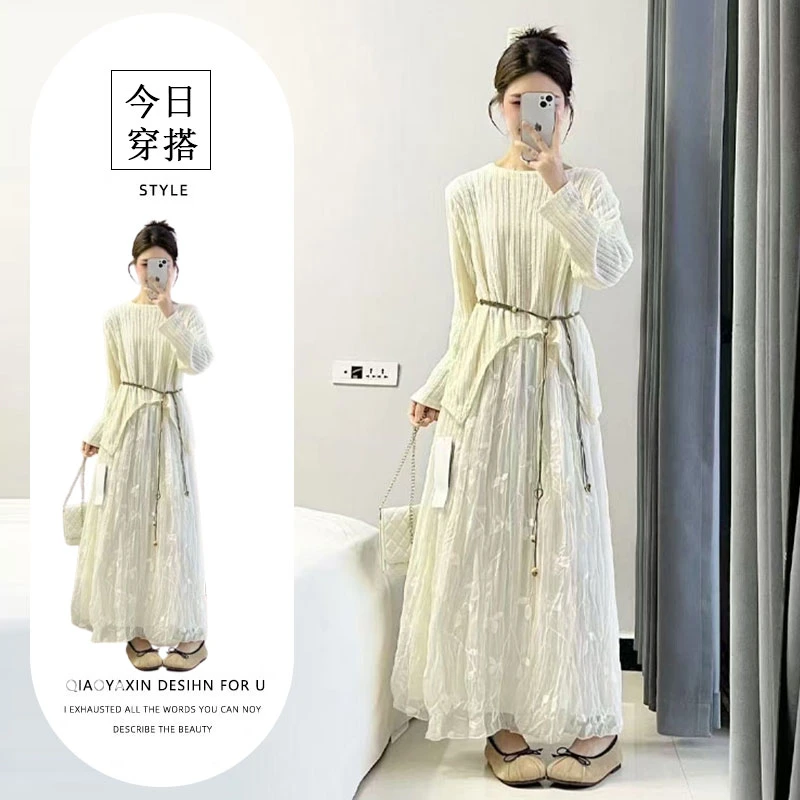 夏装搭配一整套时尚小个子独特漂亮小香风杏色针织罩衫半身裙套装