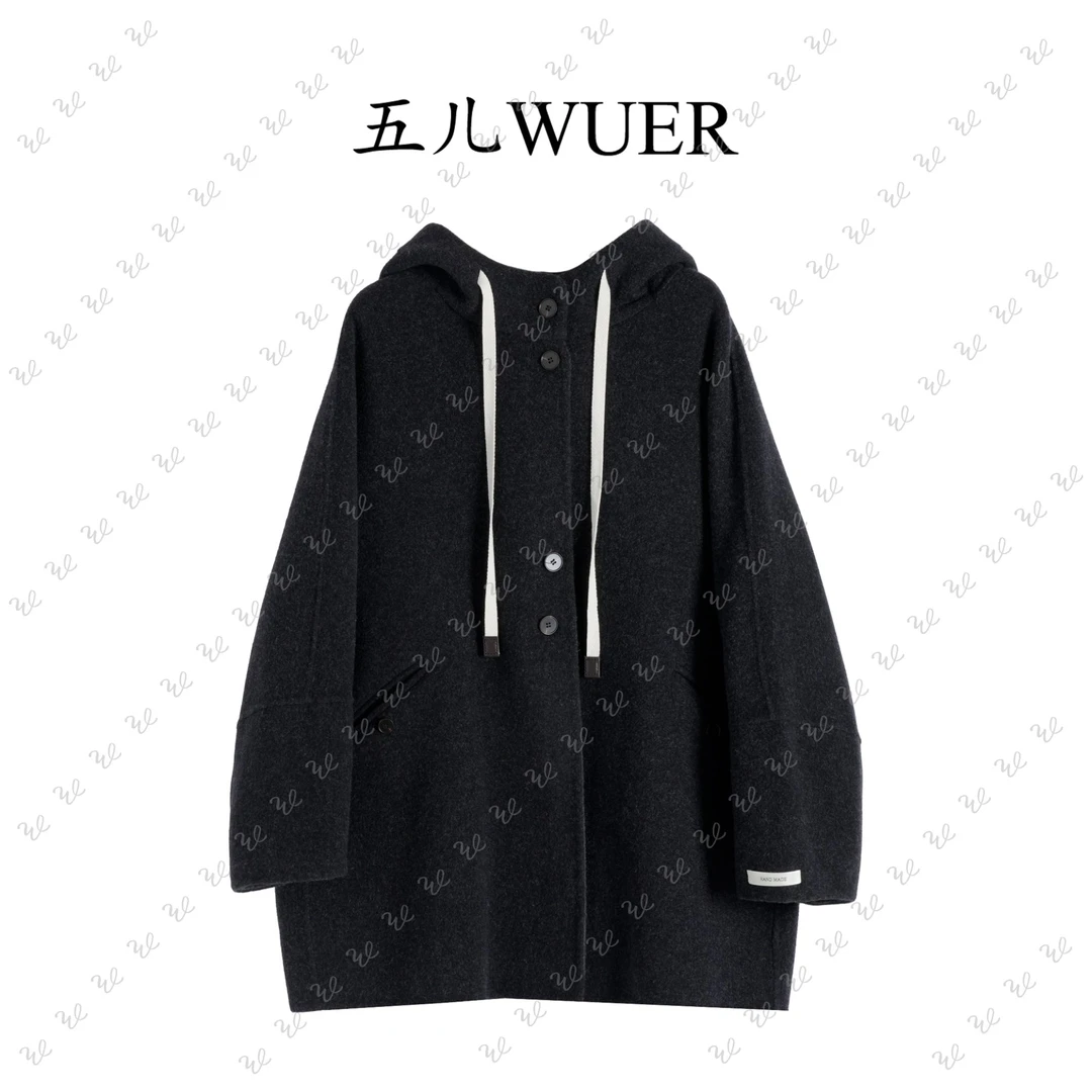 【五儿WUER】259101秋冬时尚百搭宽松中长款连帽双面毛呢大衣外套女