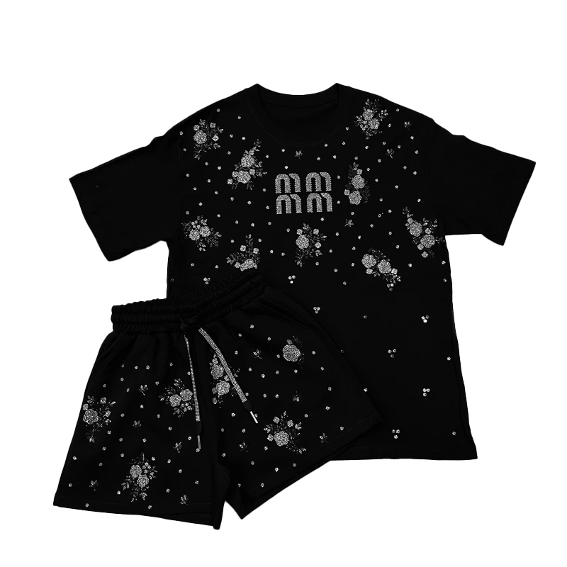 【微姐专属】时尚套装运动设计师印花黑色潮流时尚卡通情侣短袖