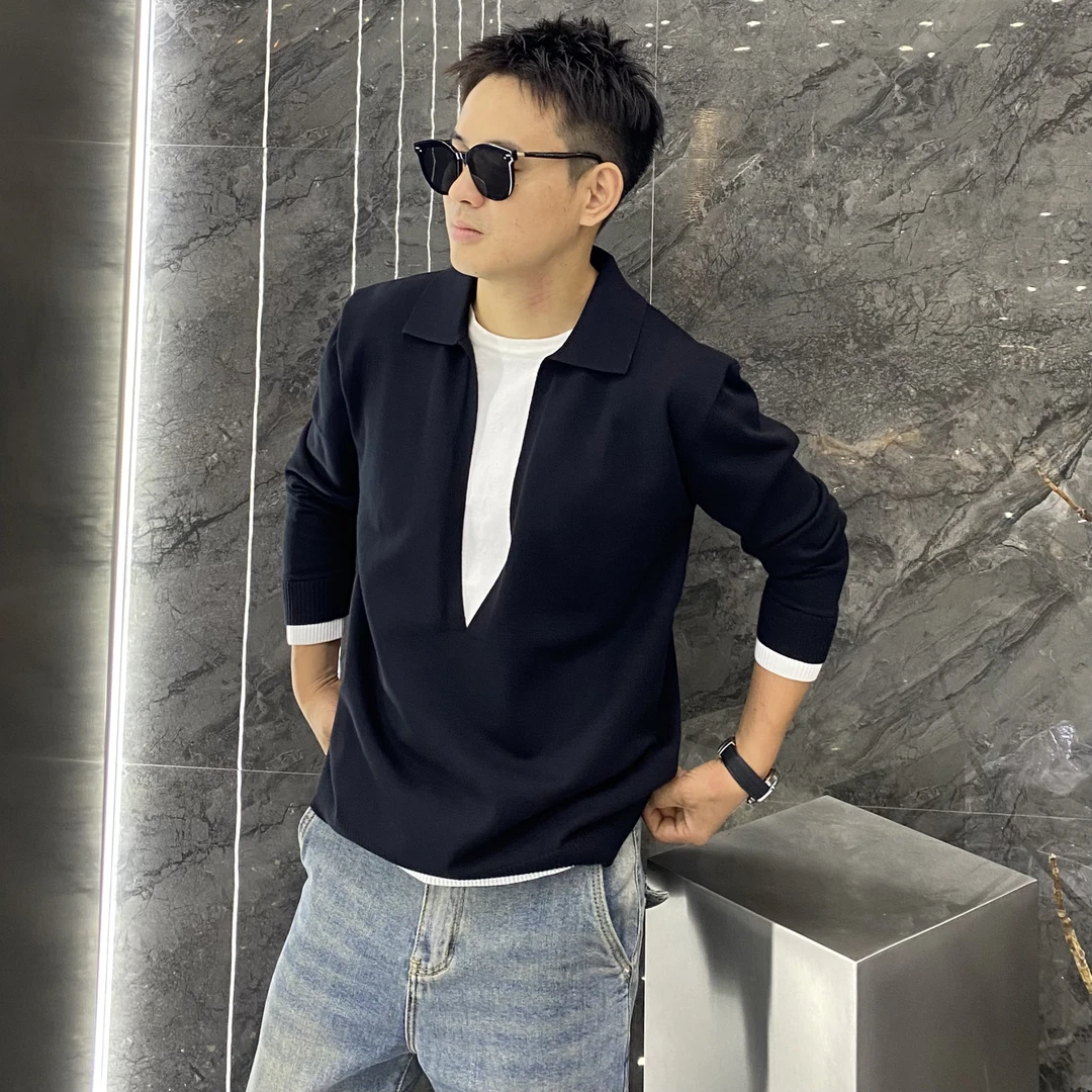 秋冬假两件撞色翻领V领修身针织衫毛衣痞帅高级感老钱风长袖上衣